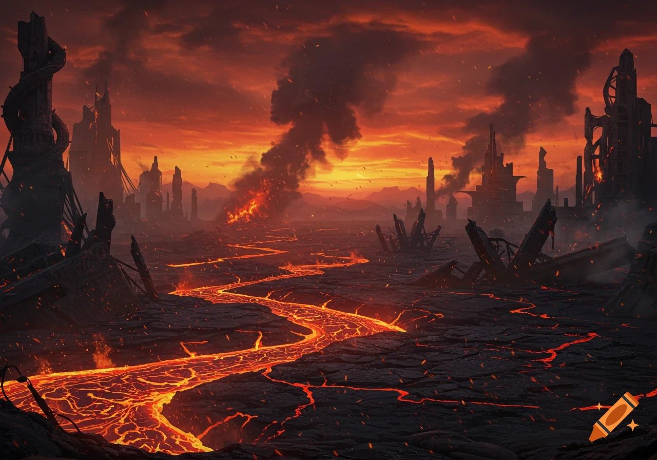 A realistic, photorealistic image of a scorched apocalyptic underworld with glowing rivers of molten lava, crumbling ruins, and a red, smoke-filled sky.