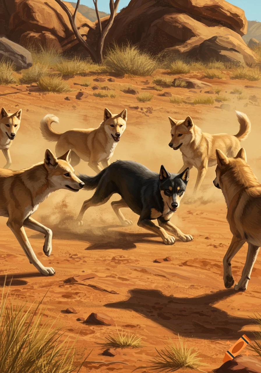 Several light brown dingoes surround a black and tan kelpie in a dusty, rocky desert landscape.