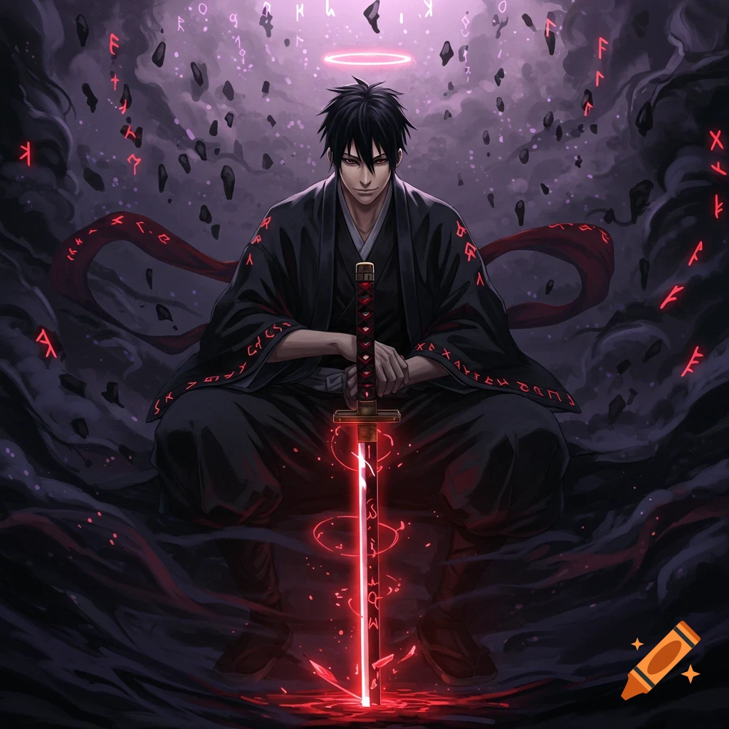 Anime warrior with black hair and glowing red sword, surrounded by floating runes in a dark, void-like realm.