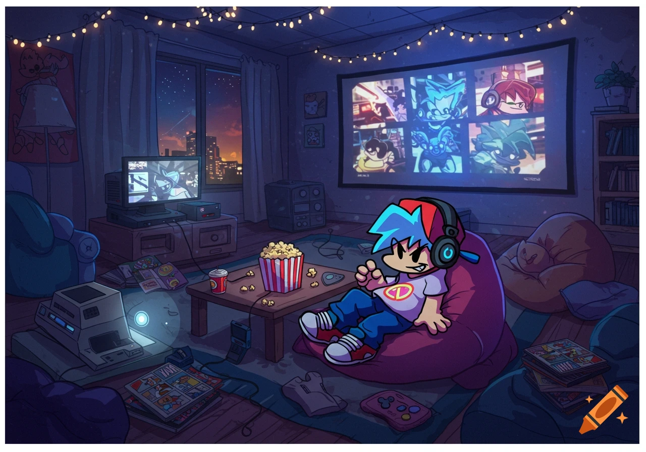 A cartoon character with blue hair, a red cap, and headphones sits on a beanbag chair in a dimly lit, cozy room, watching a video game on a large projector screen. Popcorn and comic books are on a table.