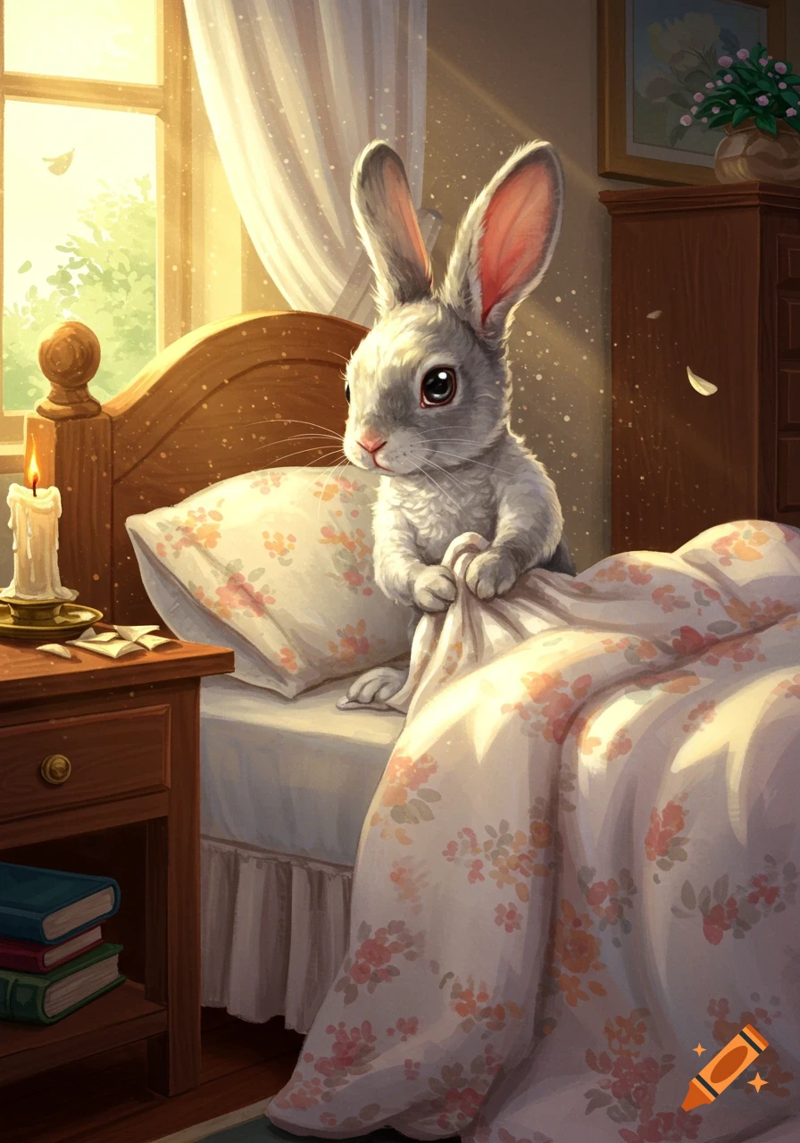 Illustration of a cute gray rabbit sitting up in a bed with floral sheets in a warm, sunlit room.