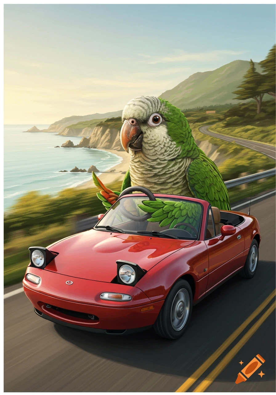 A large green monk parrot drives a red Mazda Miata convertible along a winding coastal highway.