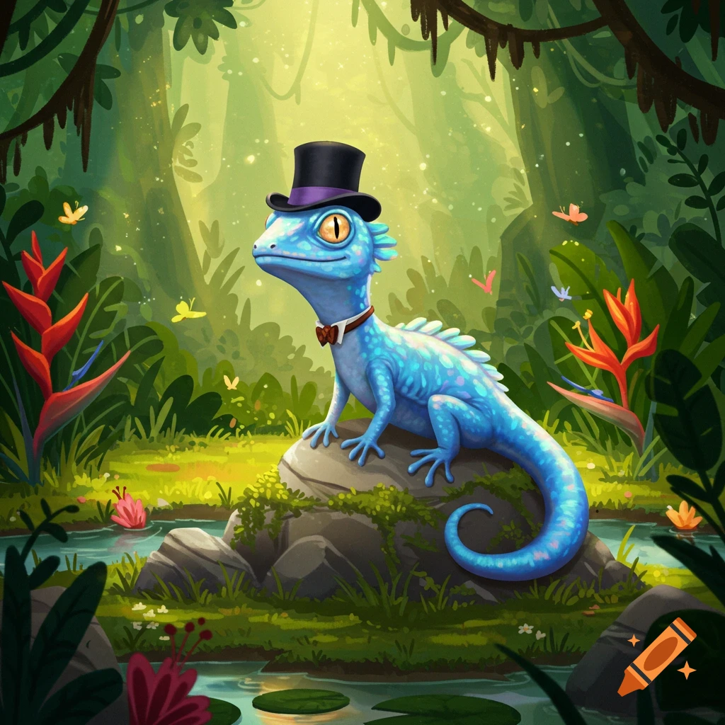 A blue lizard wearing a black top hat and a brown bow tie sits on a rock in a lush, green jungle with a stream.