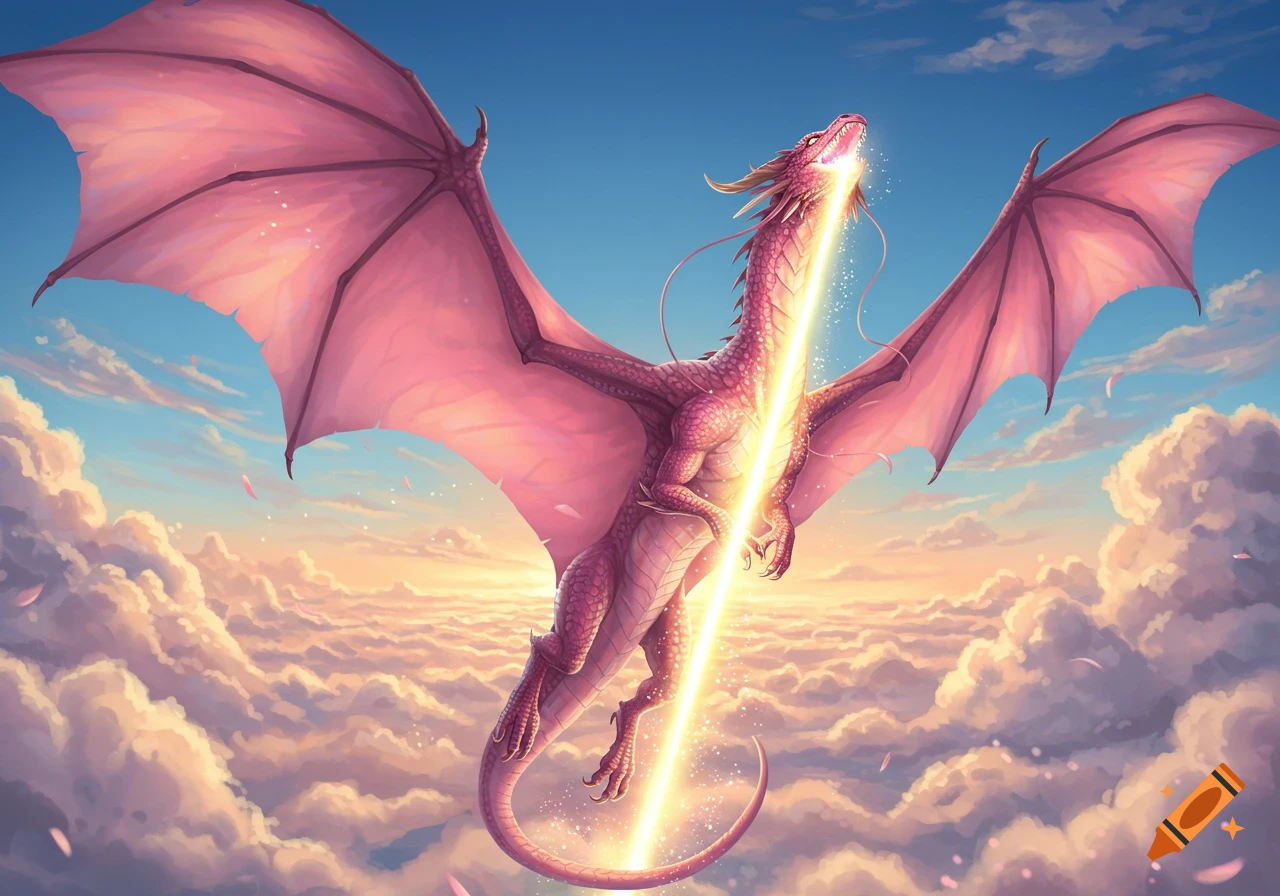 A vibrant pink dragon with large wings soars through a bright, cloudy sky, emitting a brilliant beam of light from its mouth.
