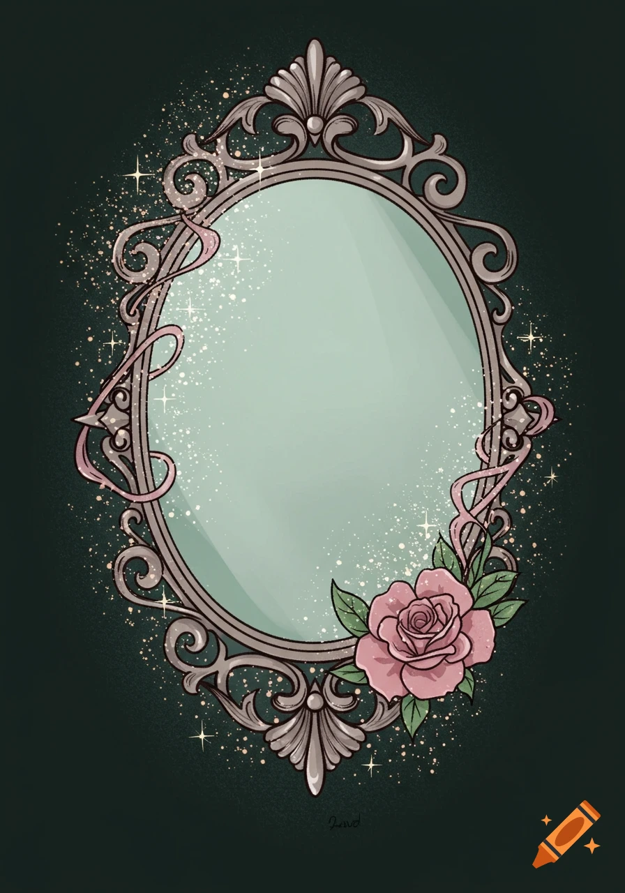 Ornate, vintage-style oval mirror with a decorative silver frame, pink ribbon, and a blooming pink rose, surrounded by magical golden sparkles on a dark green background.