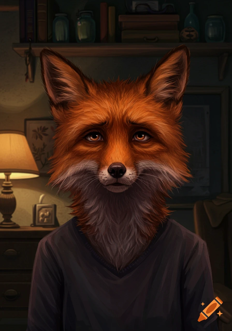 A close-up portrait of an anthropomorphic fox with sad eyes, wearing a dark v-neck shirt, in a dimly lit room.