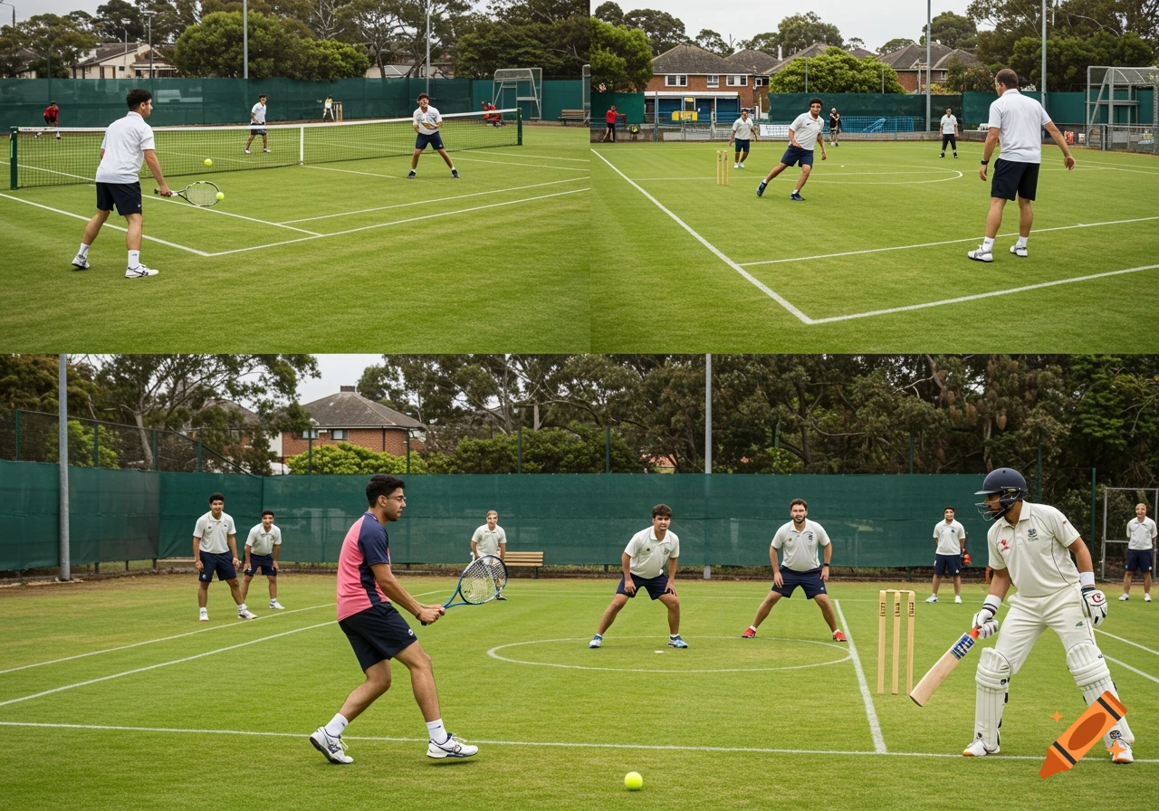 Multiple scenes of people playing tennis and cricket on grass courts at a sports club.