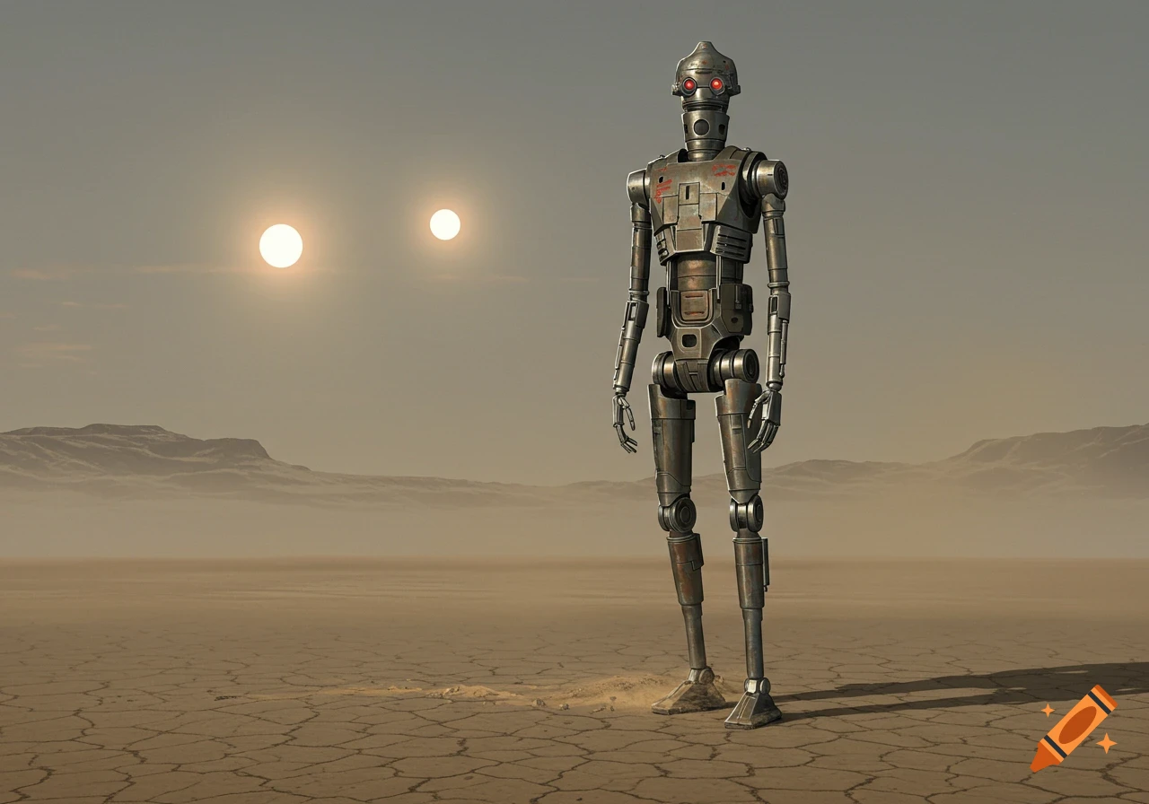 A tall, metallic robot resembling IG-11 stands in a cracked desert landscape under two bright suns.
