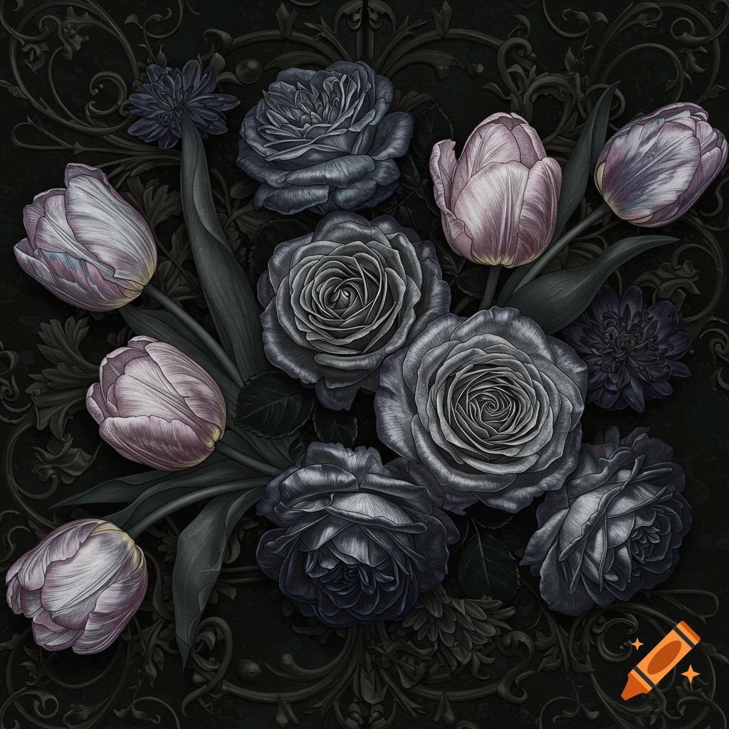 A detailed bouquet of grey and purple roses and tulips on a dark, ornate background.