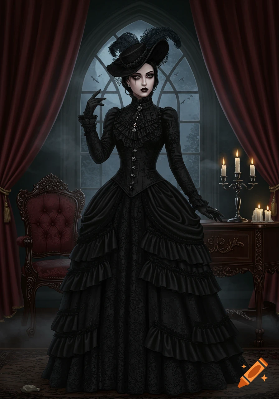 A gothic woman in a black Victorian dress and feathered hat stands in a dark room with a large arched window.