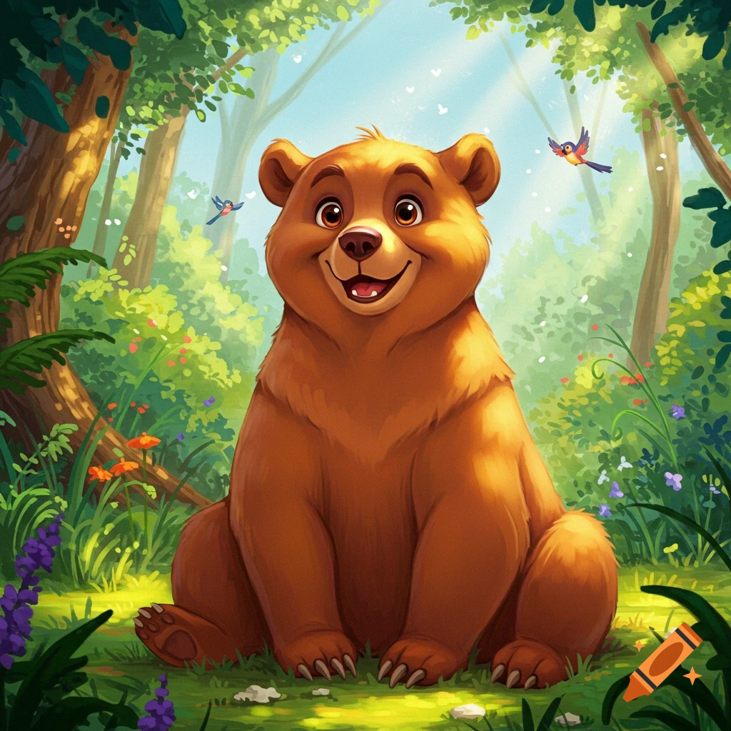 A happy, smiling brown cartoon bear with large eyes sits in a bright, lush green forest with colorful flowers and small birds flying around.