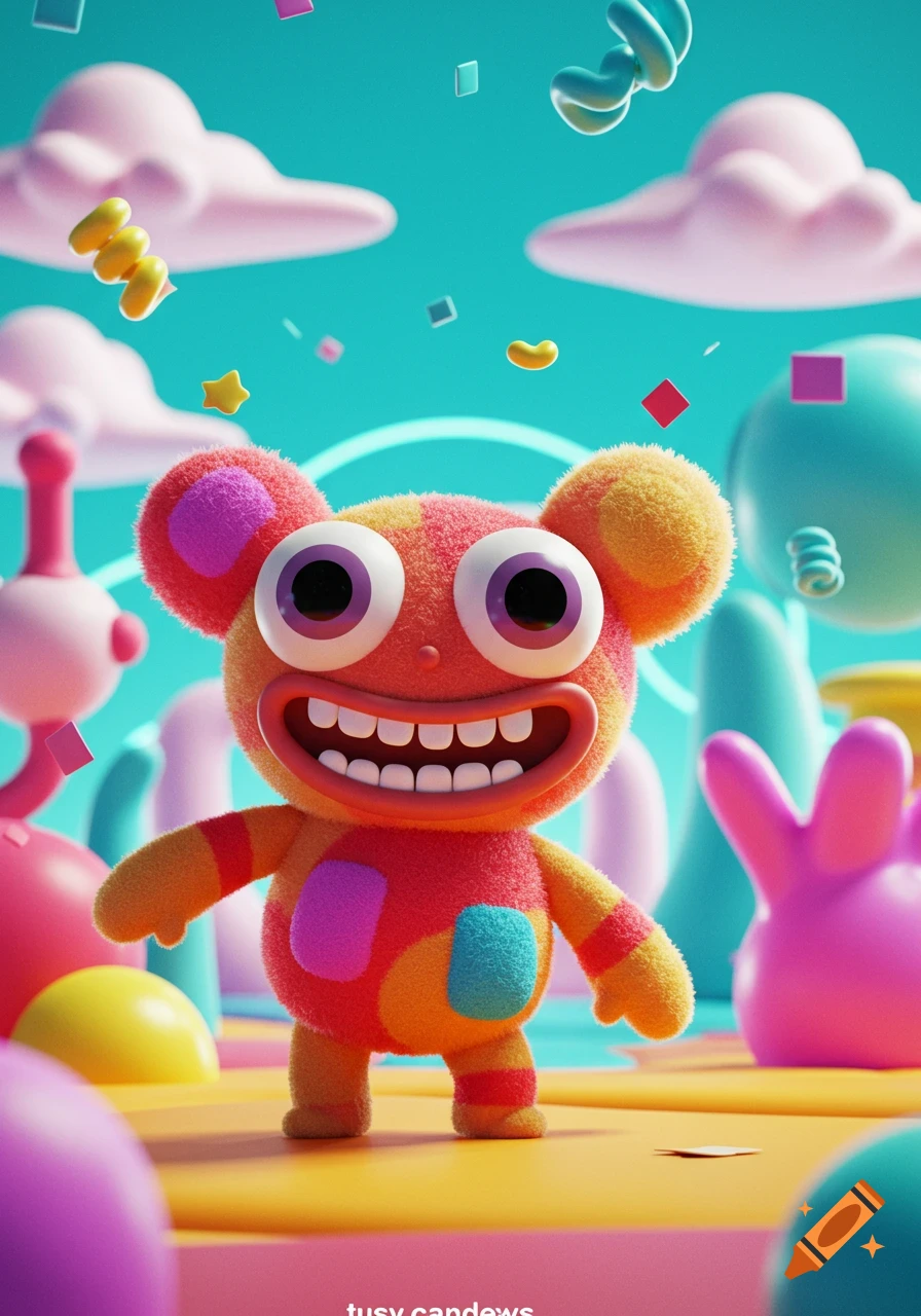 A vibrant 3D render of a furry, orange and pink cartoon monster with large eyes and a toothy grin, in a colorful, playful landscape.