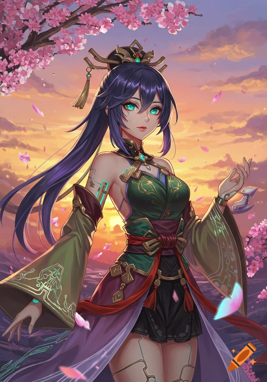 Anime woman in an ornate green and purple outfit with glowing aqua eyes and symbols, standing under cherry blossoms at sunset.