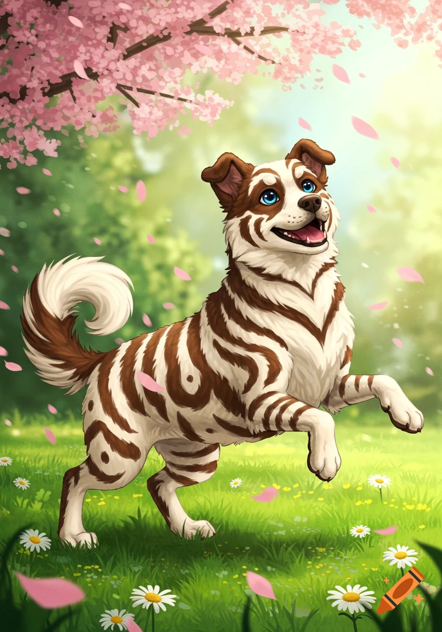 A happy, brown and white patterned dog prancing in a grassy field with daisies and falling pink cherry blossom petals.