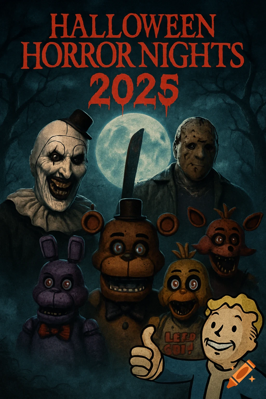 A dark Halloween-themed poster featuring Art the Clown, Jason Voorhees, Freddy Fazbear, Bonnie, Chica, Foxy, and Vault Boy under a full moon, with 'Halloween Horror Nights 2025' text.