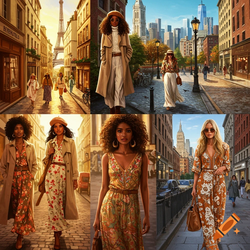 Collage of fashionable women in dresses and coats walking on city streets in Paris and New York in a realistic style.