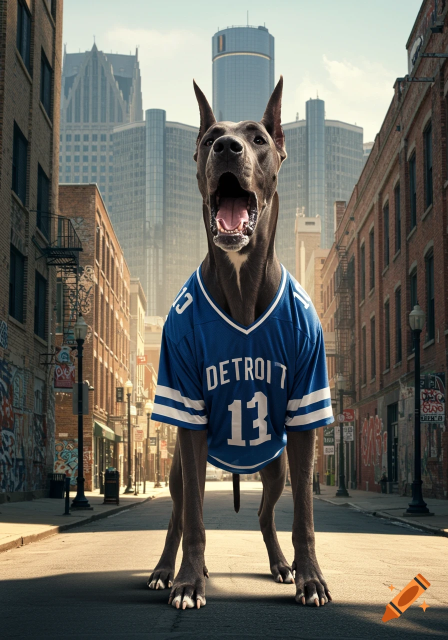 A photorealistic Great Dane dog in a blue Detroit jersey stands on a city street, mouth open, with buildings behind.