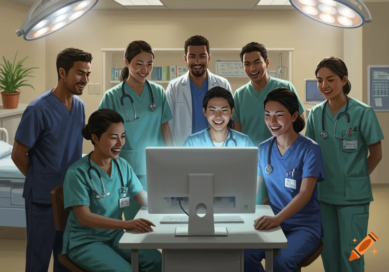 Digital illustration of a diverse group of smiling healthcare workers gathered around a computer in a hospital room.