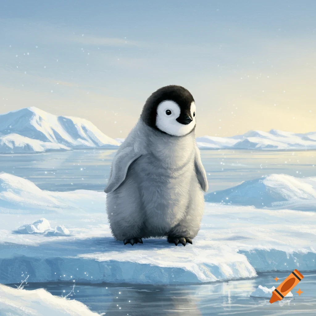 A cute baby penguin standing on an ice floe in a vast arctic landscape with snow-capped mountains and calm water, digital art.