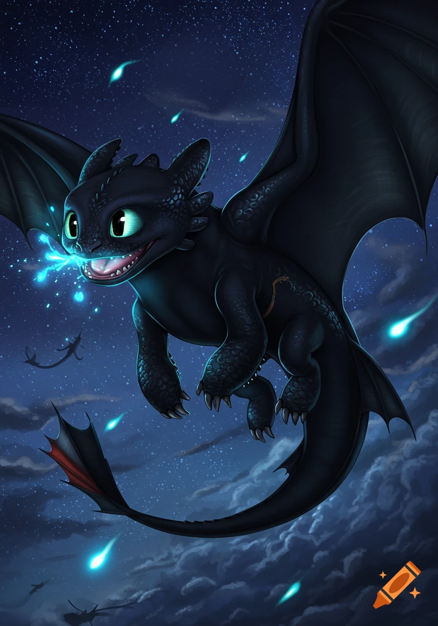 Toothless, a black dragon, flies through a starry night sky, breathing blue fire, in an anime style illustration.