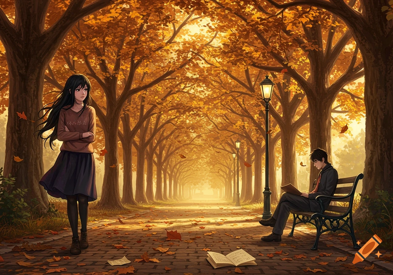 Anime illustration of a girl and a boy in a park during autumn. The girl stands on a cobblestone path while the boy sits on a bench reading.