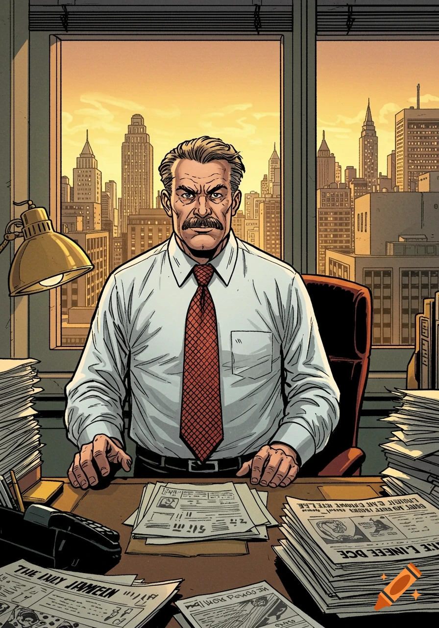 A man resembling J. Jonah Jameson from Spider-Man sits at an office desk, surrounded by stacks of newspapers, with a cityscape visible through the window behind him. The art style is reminiscent of comic books.