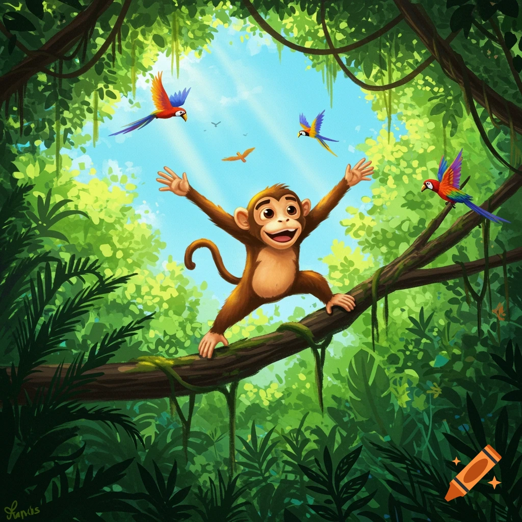 A happy cartoon monkey with arms outstretched jumps on a jungle branch as colorful parrots fly around.