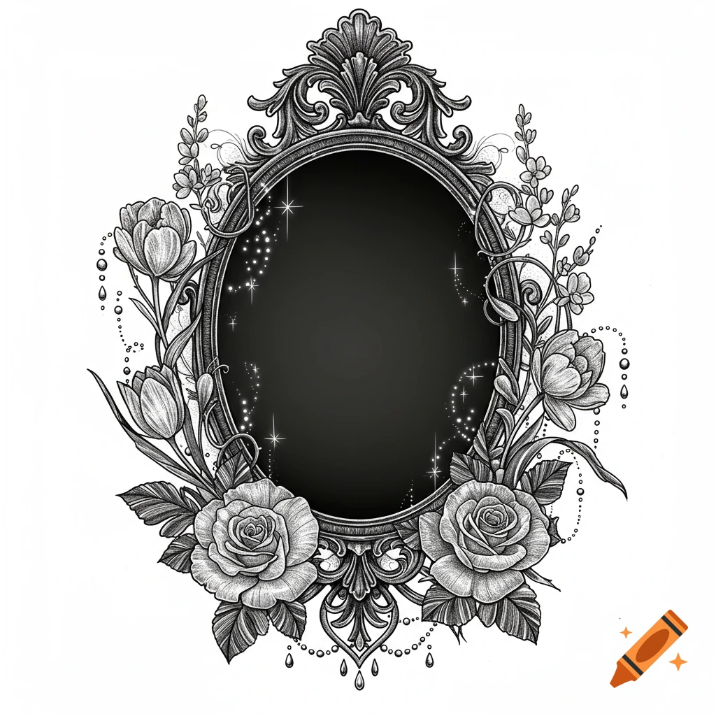 Detailed black and white illustration of a gothic oval mirror frame adorned with roses, tulips, vines, and sparkles.