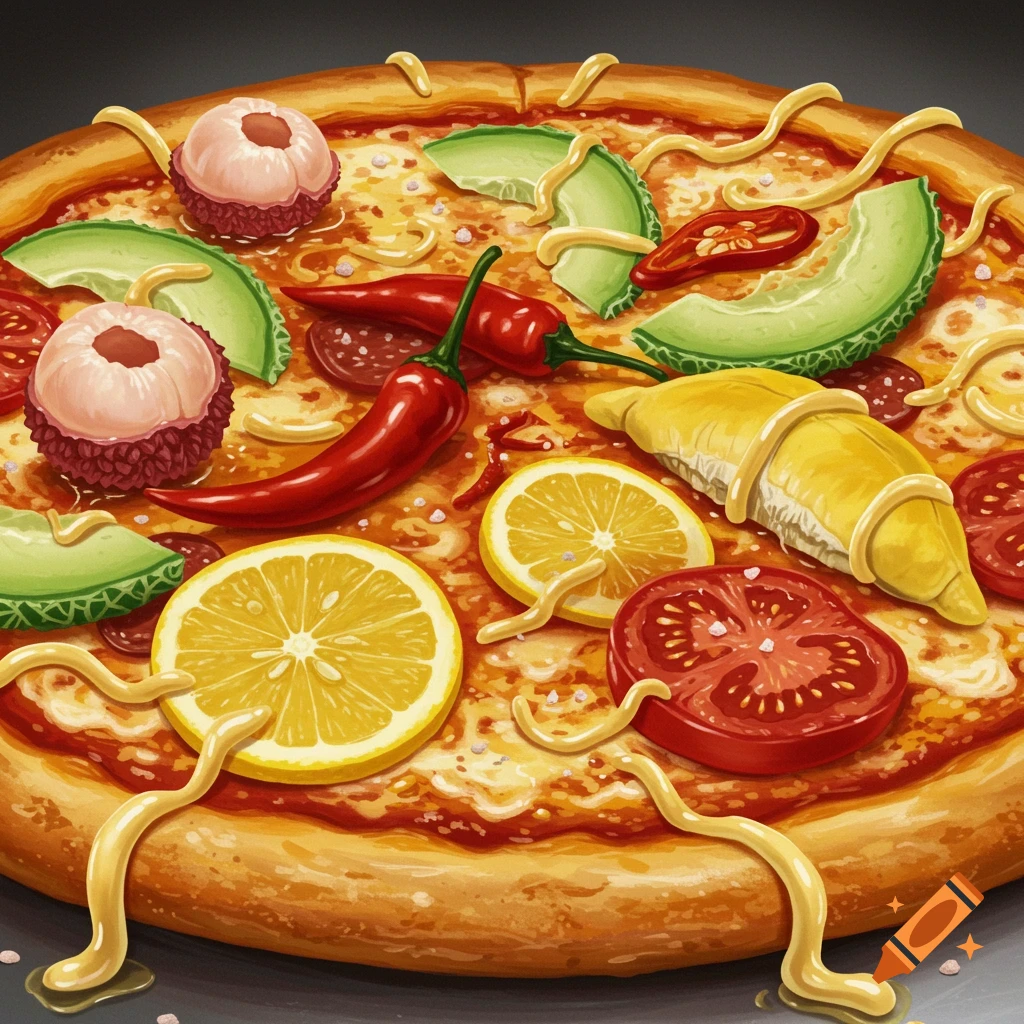 A close-up view of a pizza topped with lychee, durian, chili peppers, lemon slices, avocado, tomato slices, and drizzles of yellow sauce, all in a glossy, somewhat artificial style.