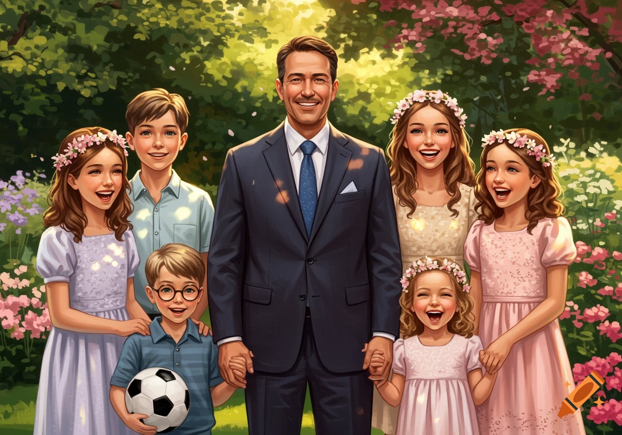 A smiling father poses with his six children in a vibrant, sunlit garden. The children wear dresses and shirts, and one boy holds a soccer ball.