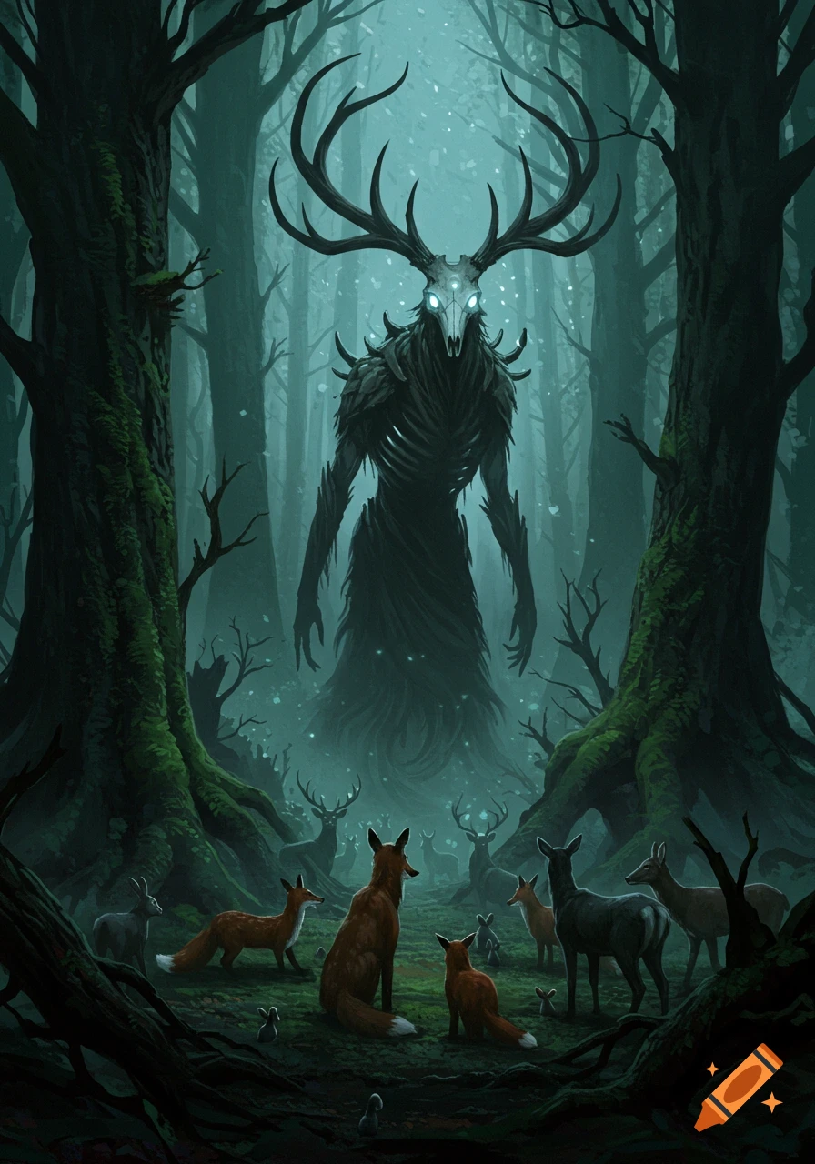 A majestic, eerie forest guardian with glowing eyes and large antlers stands among bowing deer and foxes in a dark, misty forest.