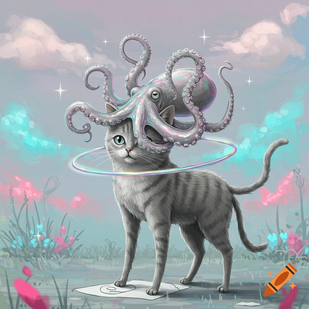 A gray tabby cat with an iridescent octopus on its head and a colorful hula hoop around its body, standing in a magical landscape.