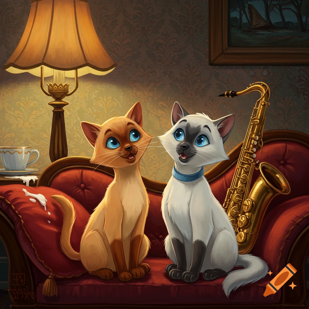 Two cartoon cats, one orange and one white with blue eyes, sit on a red velvet couch next to a lamp and a saxophone.