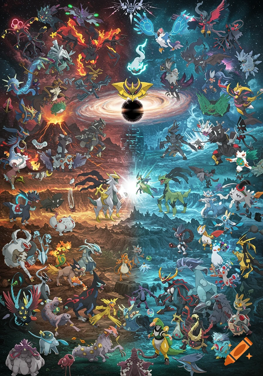 A detailed illustration of countless Pokémon-like creatures engaged in a grand battle across a split landscape of fiery volcanic terrain and icy aquatic environment, centered around a black hole.