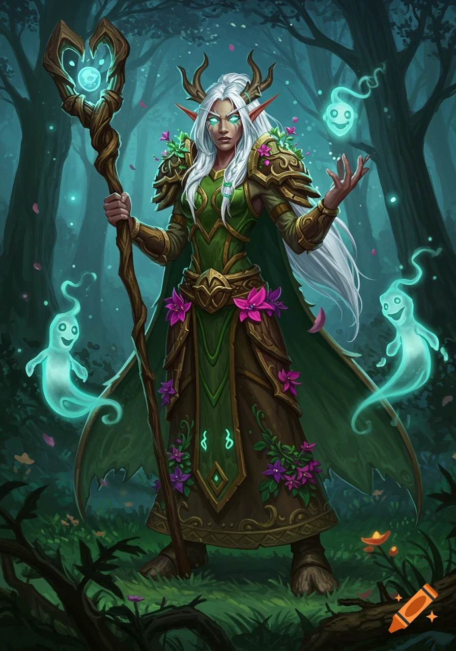 A fantasy illustration of a female druid with white hair, elf ears, and antlers, holding a glowing staff in a magical forest with blue spirits.