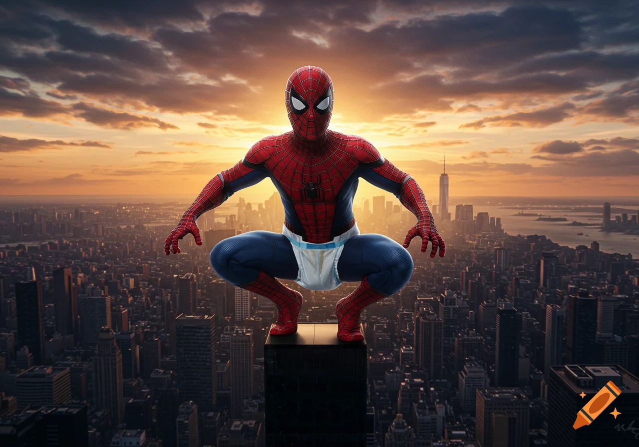 Spider-Man in a diaper squats on a skyscraper looking over a city skyline at sunset.