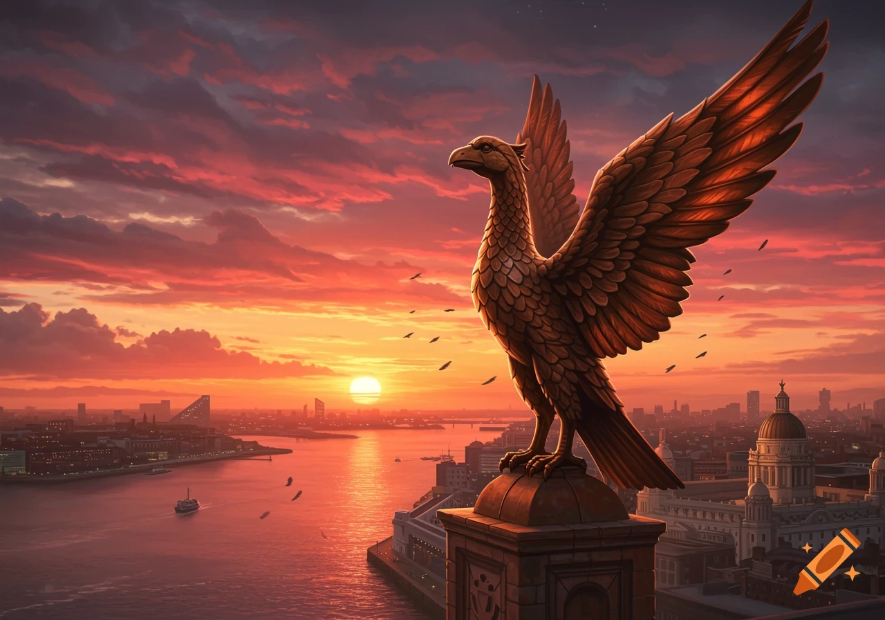 A large bronze bird statue overlooks a cityscape and river during a dramatic orange and red sunset with small birds flying.