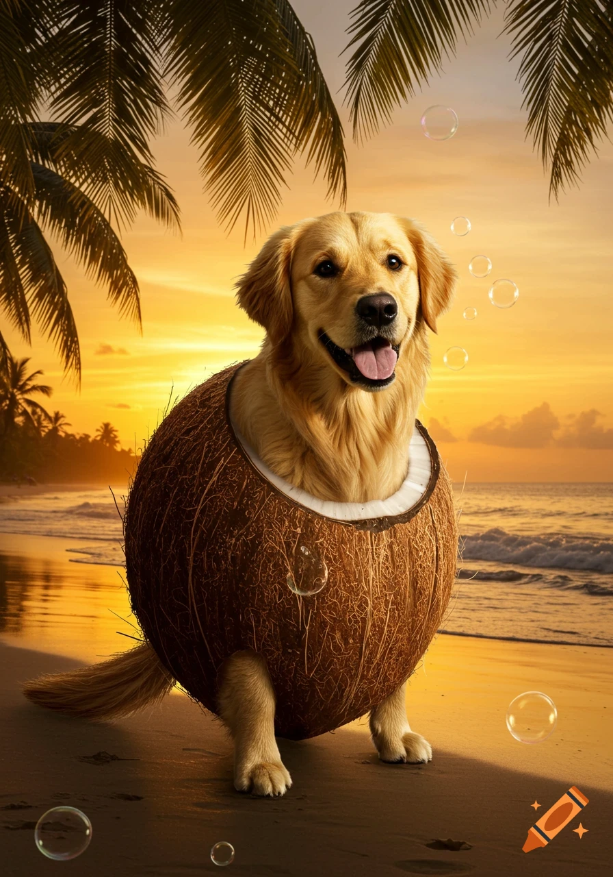 A golden retriever sits in a hollowed-out coconut on a beach at sunset, with bubbles floating around it.