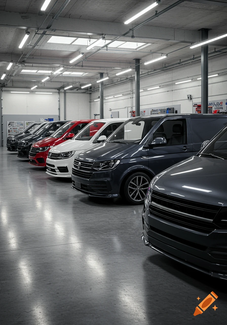 A line of various colored vans parked in a bright, modern car garage with concrete floors.