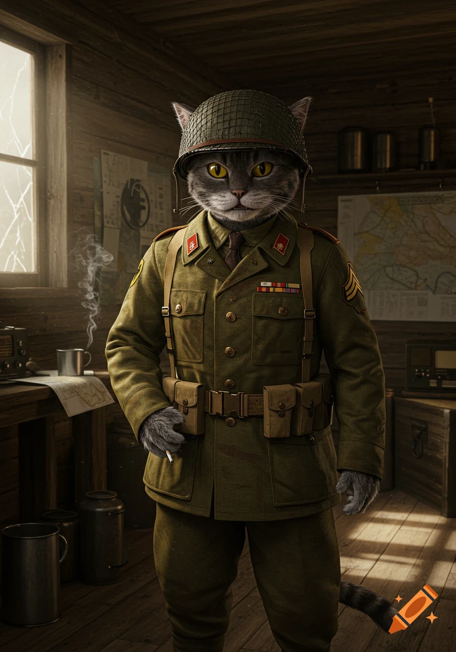 A grey cat in a photorealistic style, wearing a WWII-era military uniform and helmet, stands in a rustic wooden room.
