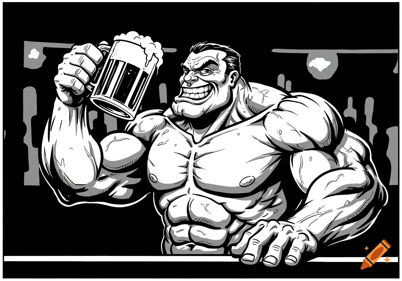 Black and white cartoon of a very muscular man with a wide grin, holding up a frothy beer mug.