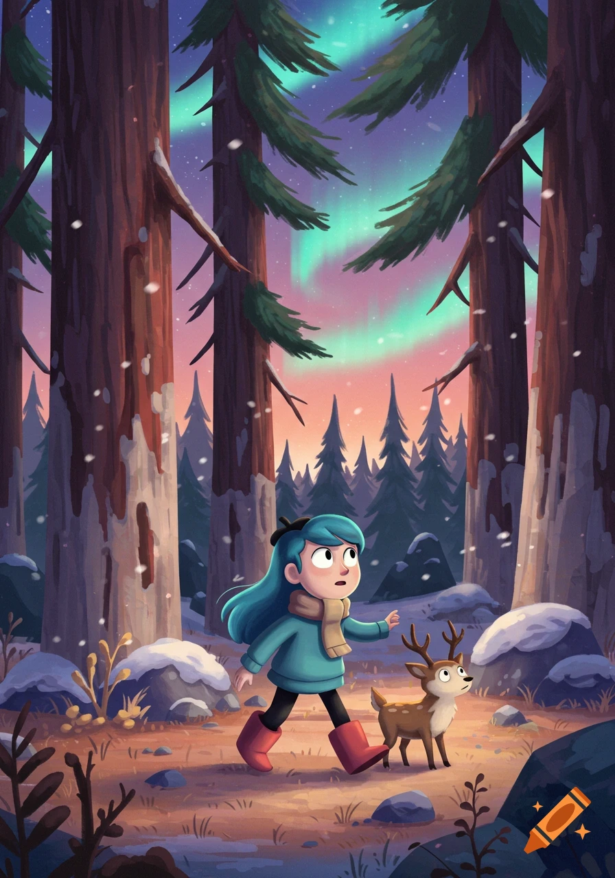 Hilda and Twig walk through a snowy forest under a vibrant aurora borealis, in an animated style.