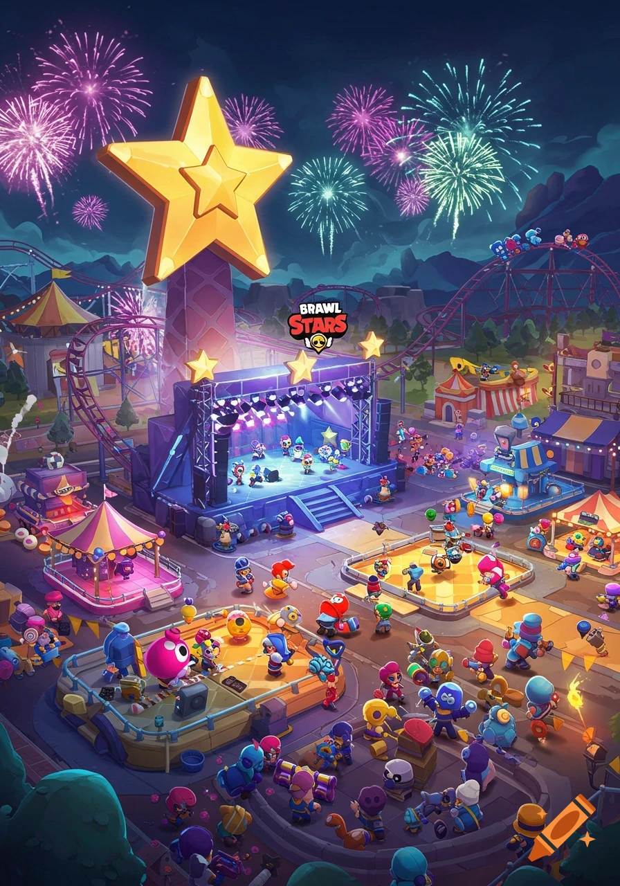 A cartoon-style image depicting a lively Brawl Stars-themed amusement park at night, with a large golden star, fireworks, a stage show, and many characters.