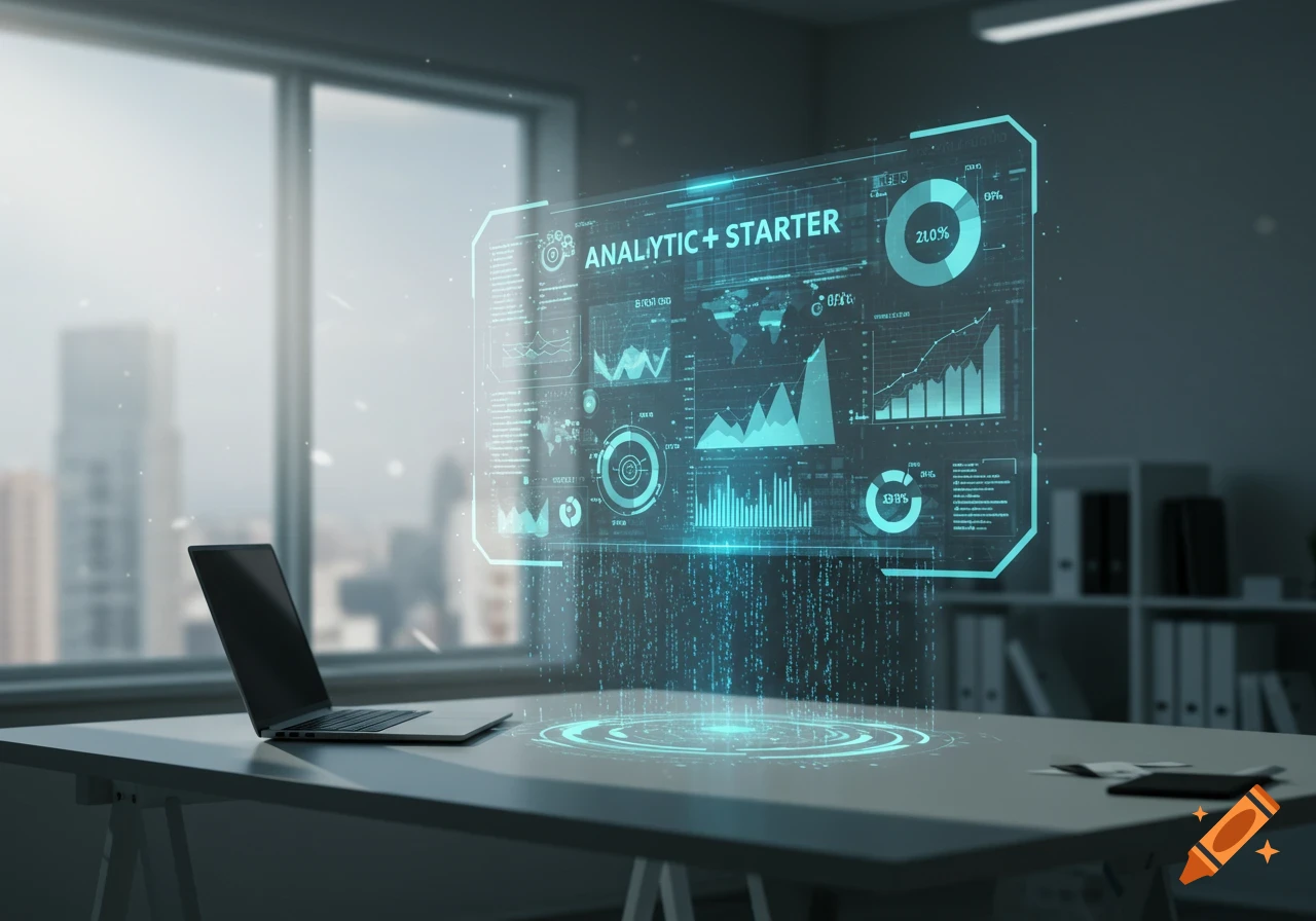 A holographic display showing analytics data and charts in a modern office with a laptop on the desk, city view through the window.