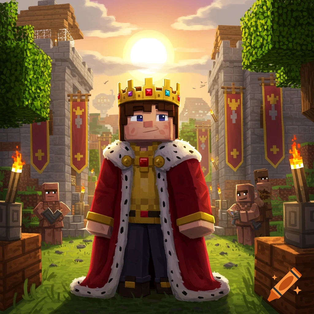 A Minecraft player character wearing a king's crown and red robe stands in a blocky medieval village at sunset.