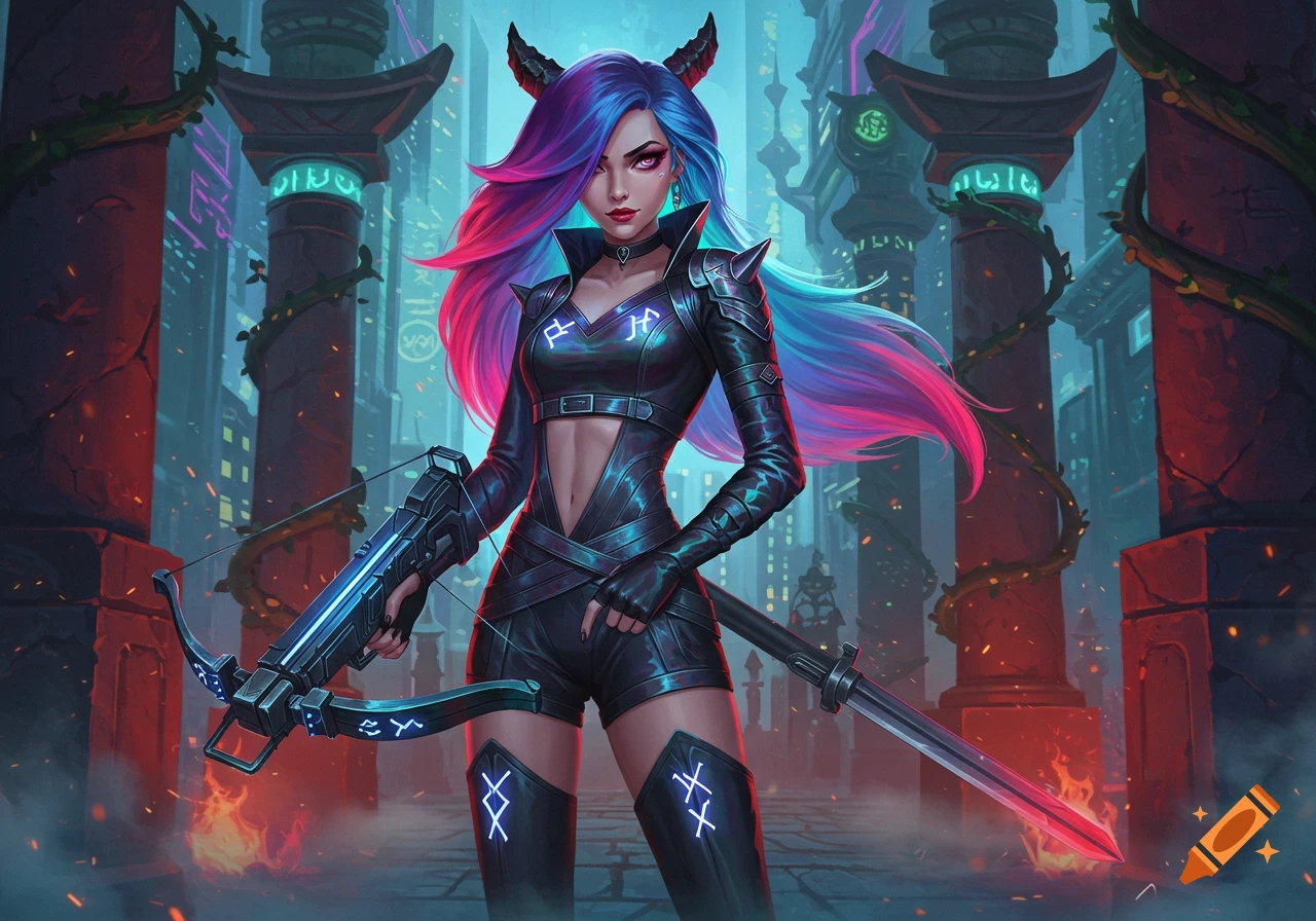 A female demon hunter with long blue and pink hair, holding a glowing crossbow and a sword, stands in a futuristic cyberpunk city with neon-lit buildings and red pillars.