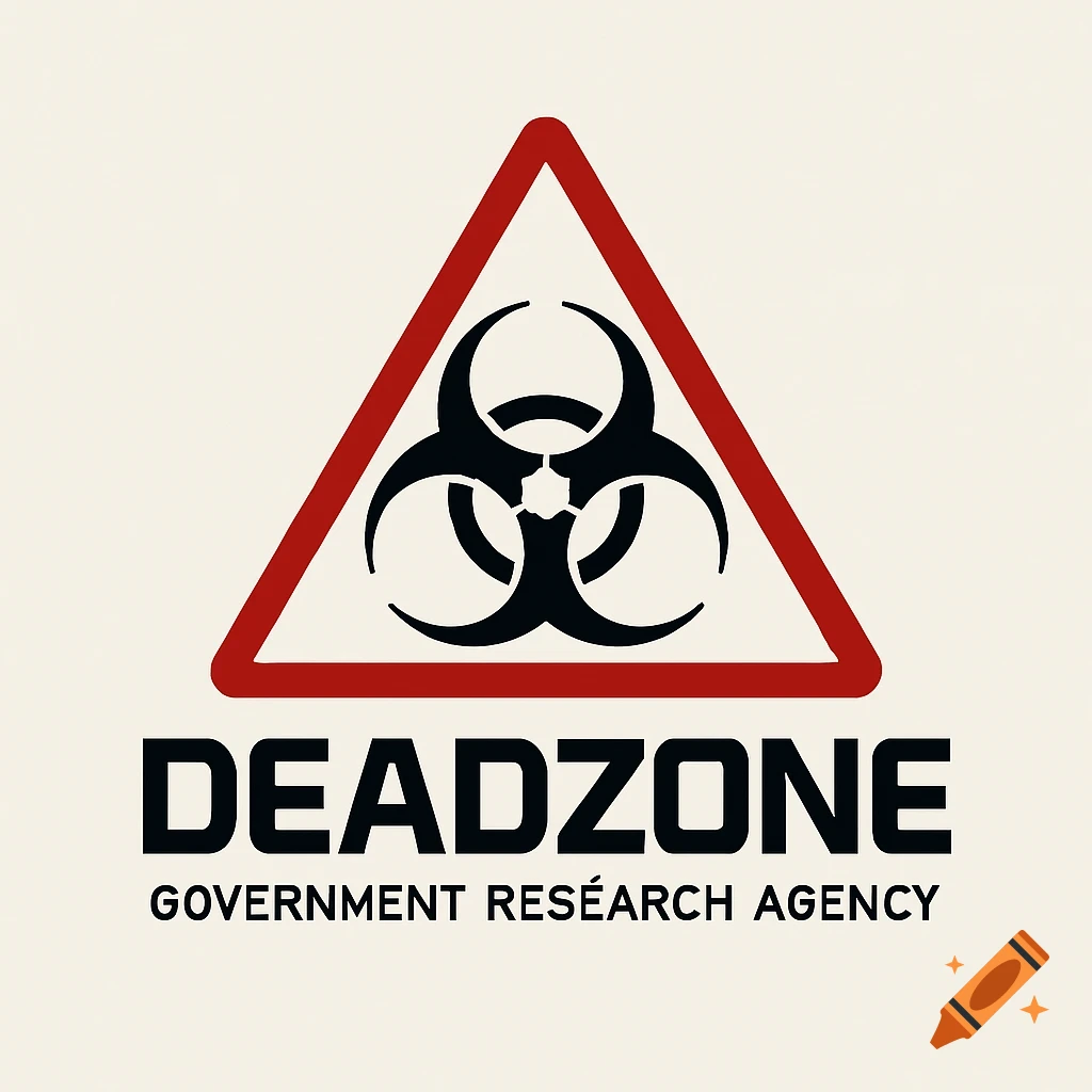 A minimalist logo features a red triangular warning sign with a black biohazard symbol, above the text "DEADZONE GOVERNMENT RESEARCH AGENCY" in bold black letters.
