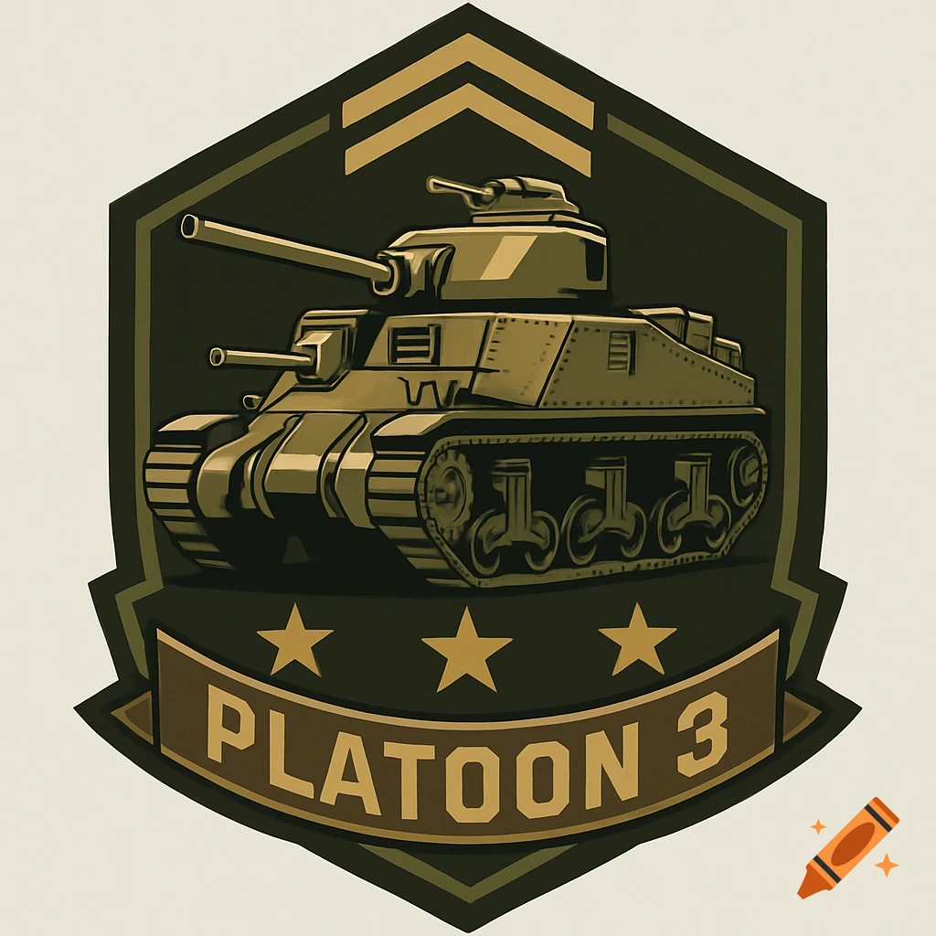 A military insignia with an M3 Lee tank above a banner that reads PLATOON 3, set against a dark green background with gold accents.