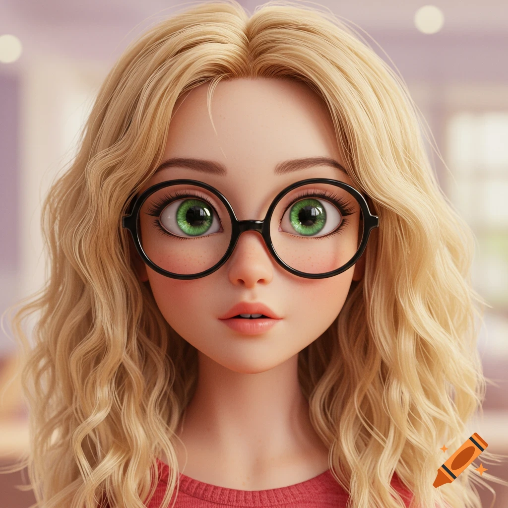 Headshot of a blonde cartoon girl with green eyes and round black glasses.