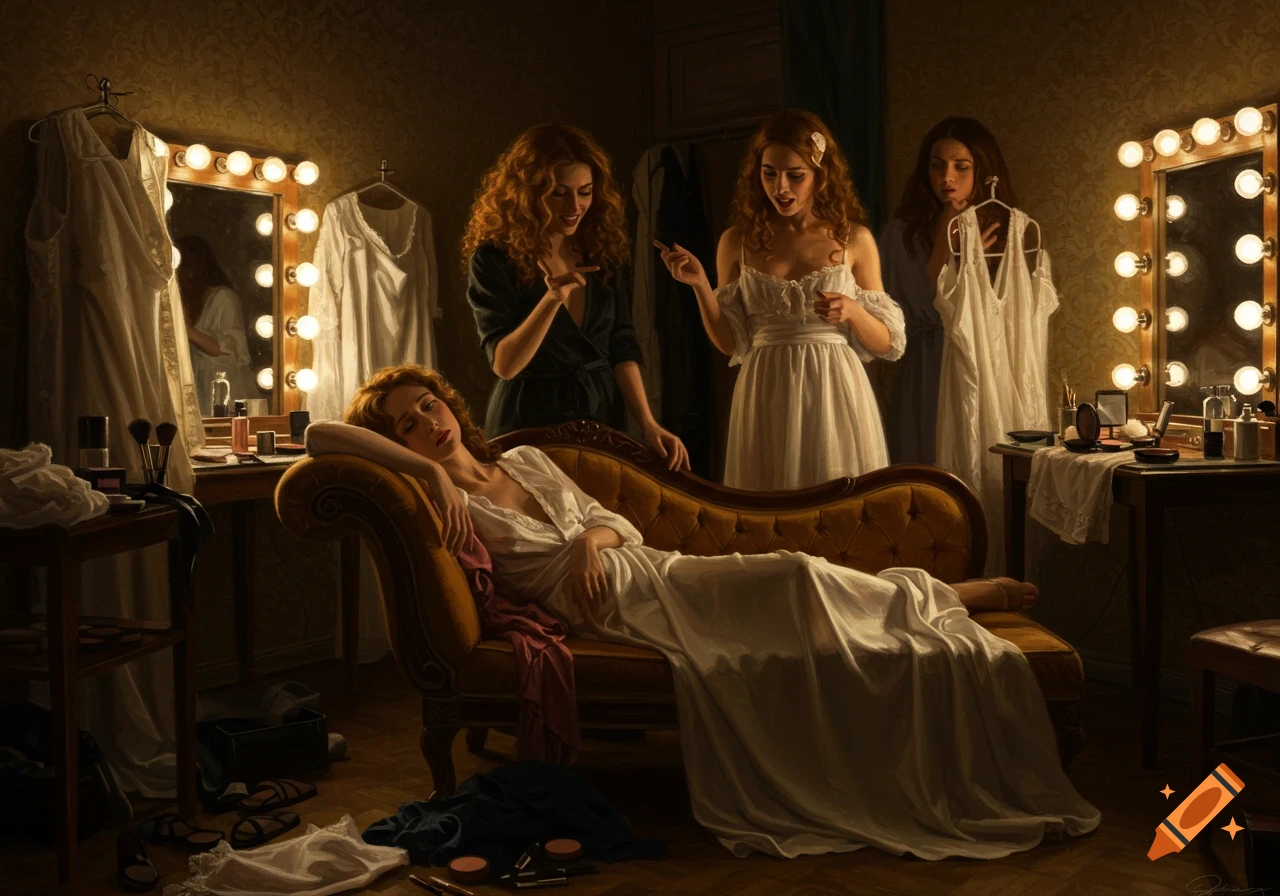 Four women, appearing as a realistic painting, interact in a dimly lit, ornate backstage dressing room, one resting on a chaise lounge.